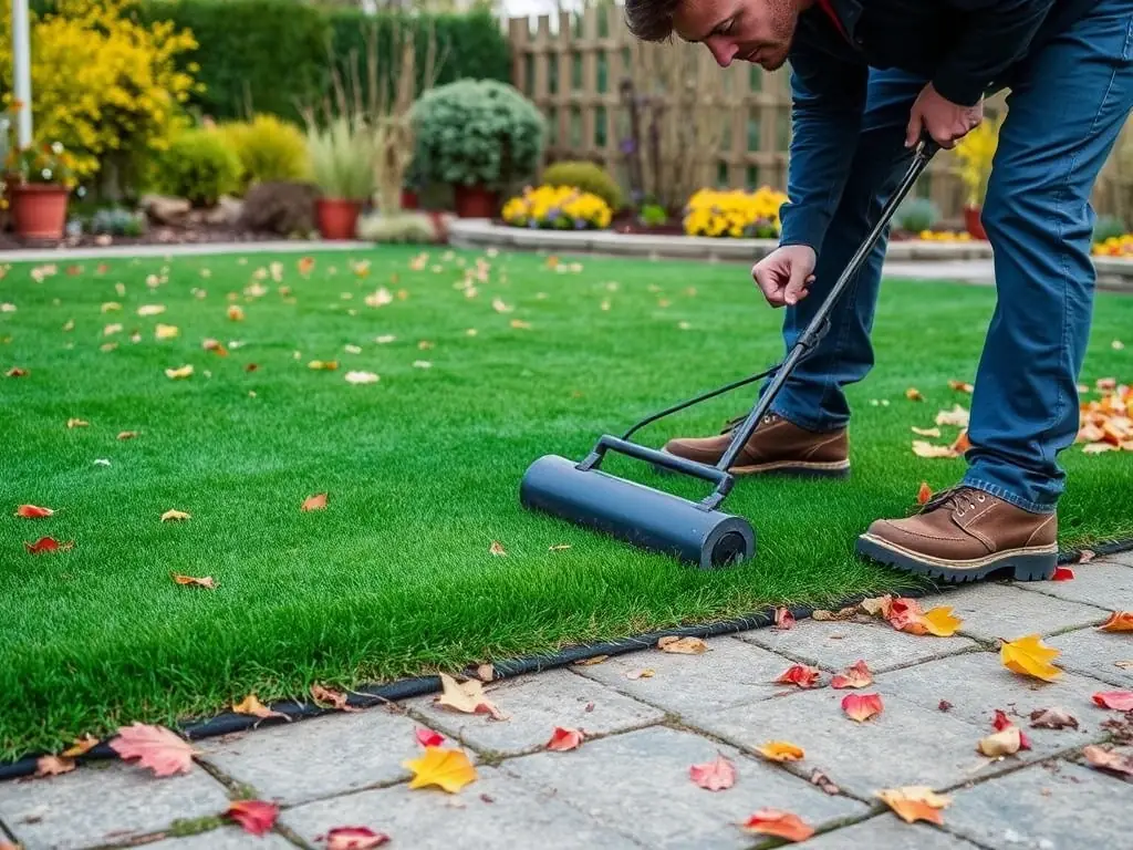An artificial grass lawn being prepared for winter, with a landscaper applying protective measures to ensure the turf remains in good condition throughout the colder months.