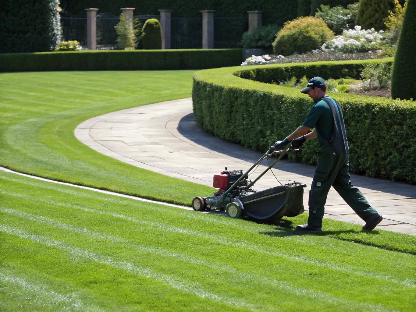 A landscaper performing a monthly maintenance service on an artificial grass lawn, using specialized tools to remove debris and ensure the grass fibers remain upright.