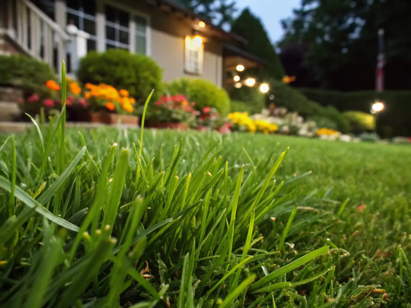 A close-up shot of a perfectly maintained artificial grass lawn, showcasing its lush green color and uniform texture, with a focus on the cleanliness and lack of debris.